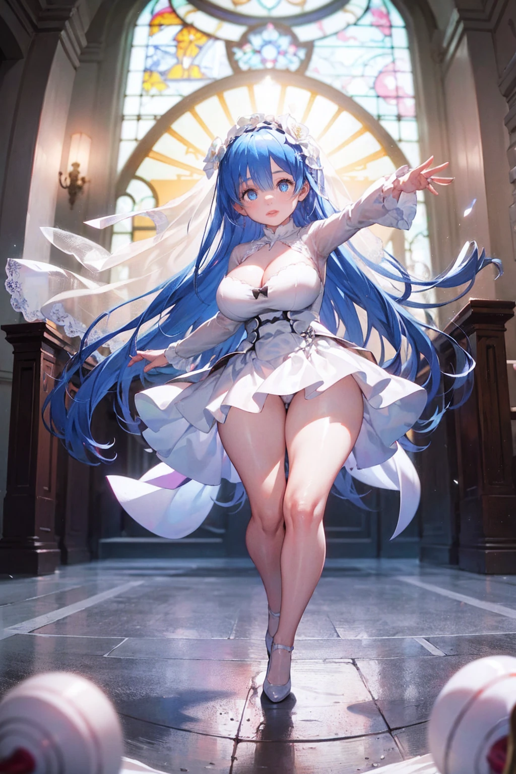 bride、church、Stained glass、Long skirt、pipe organ、Reaching out、Throwing bouquets、(((((Pure white wedding dress)))))、,(((((Fisheye Lens)))))、((Super huge breasts))、(((Plump thighs)))、(((Rem from Re:Zero)))、looking at the camera、High qualityHigh quality、8k、(((((Full body description)))))、Chest、Fantastic、looking at the cameraで、