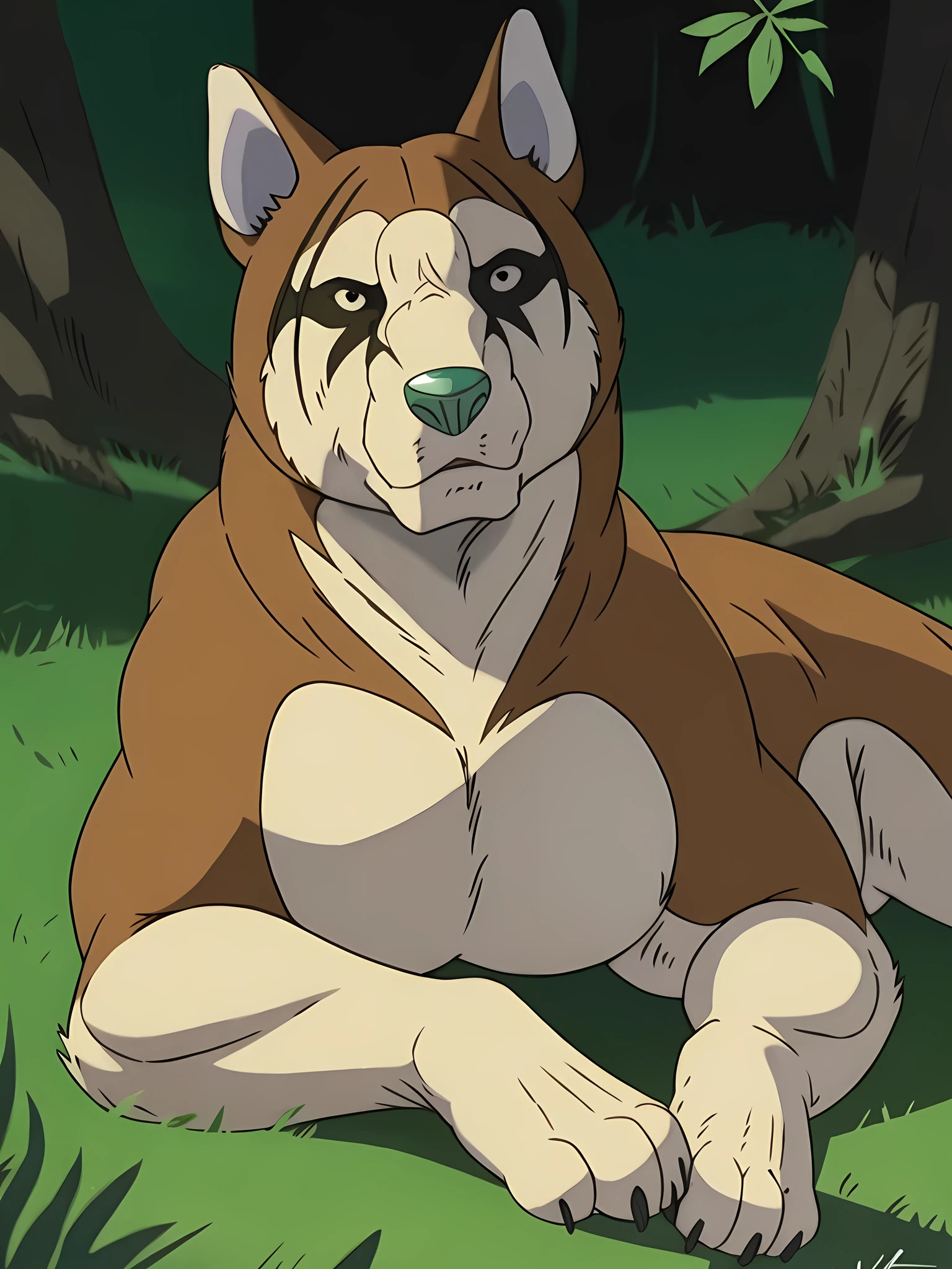 hakurou (ginga), turquoise nose, scars on face, black markings around eyes, male, masculine, feral:1.1, quadruped, full body, (muscular forelegs, muscular neck, muscular feral):1.1, pectorals:1.1, biceps, detailed, high quality, best resolution, solo, by wfa, by rossciaco, by taran fiddler, cel shaded, laying, laying down, looking at viewer, black eyes, detailed eyes, paws, claws
