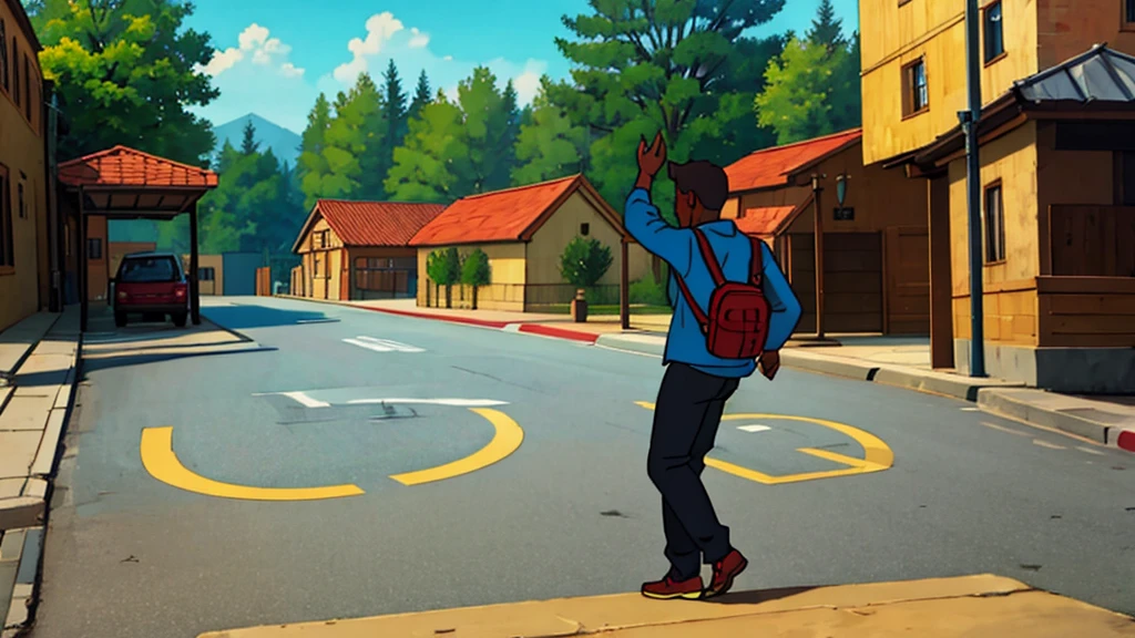 Young black boy, blue shirt, blue backpack, Brown pants, skateboarding