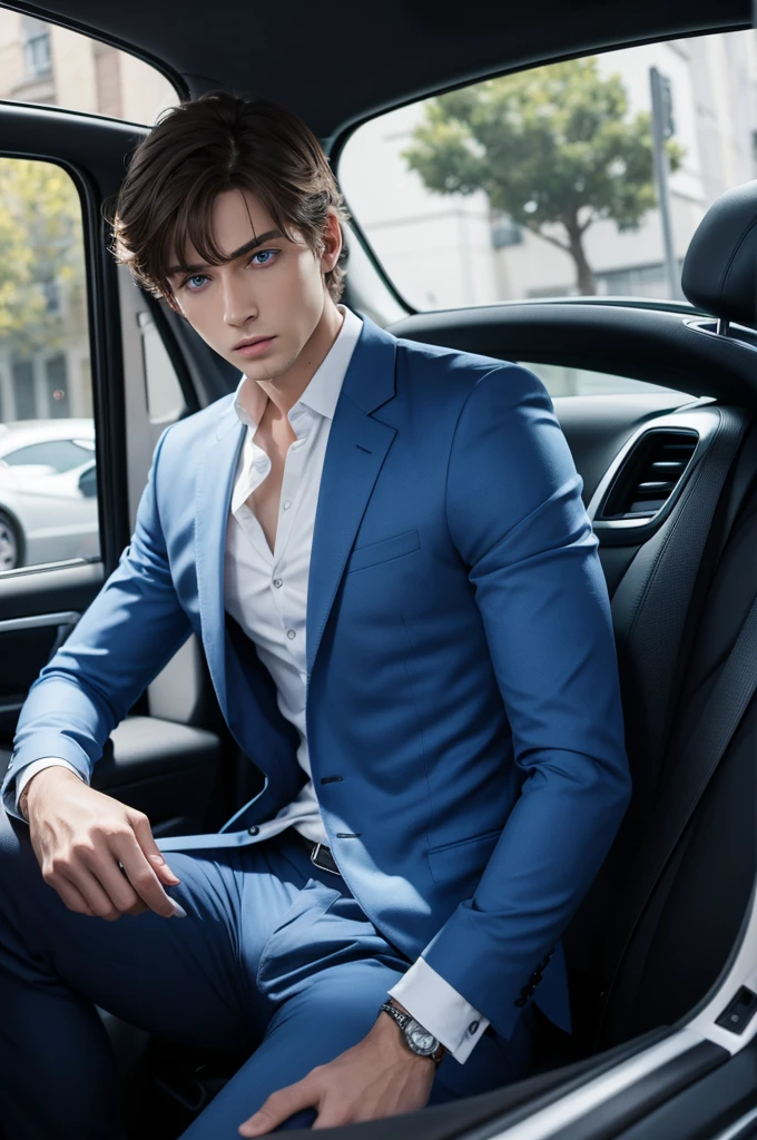 blue-eyed man in a car with nice clothes
