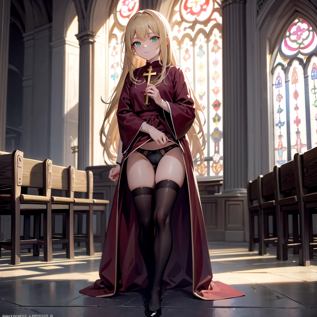 Photo, masterpiece, Best quality, wallpaper, 1 girl, long hair, blonde hair, stands in the center of the frame, looks at the camera, big green eyes,monastic, church, crosses, Benches, Black Stockings, mantle, puts his hand in his panties