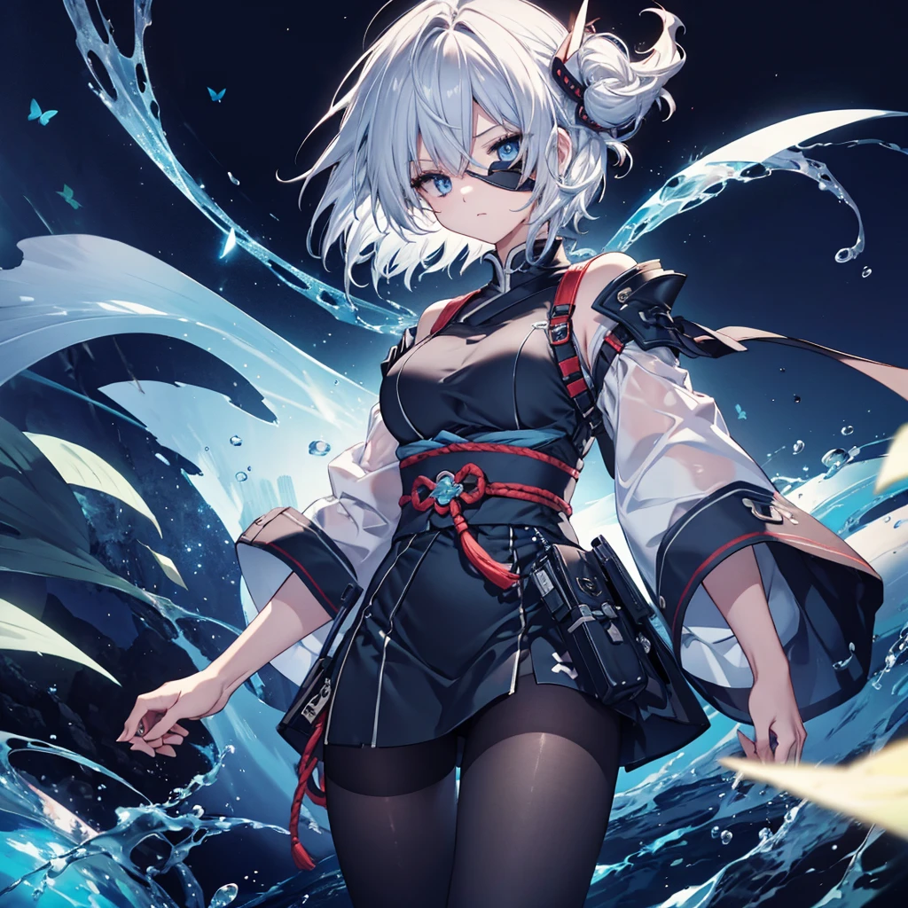 (((1 person　put on an eyepatch　Gray Hair　Qinglong)))　((High resolution　short hair　shoulder　Also々funny Face　knifeを胸の前で構える))　((Black Band　Ninja　Lonely　despair　blue eyes　close))　((Blue Butterfly　night　Japanese style　old　Shining Aura　Floating in the air　Jump　Catch the wind　Distorted Space))　(dance　日本knife　knife　Slashing)　月night　moonlight　star　Shuriken　Shining Background　Shining Edges