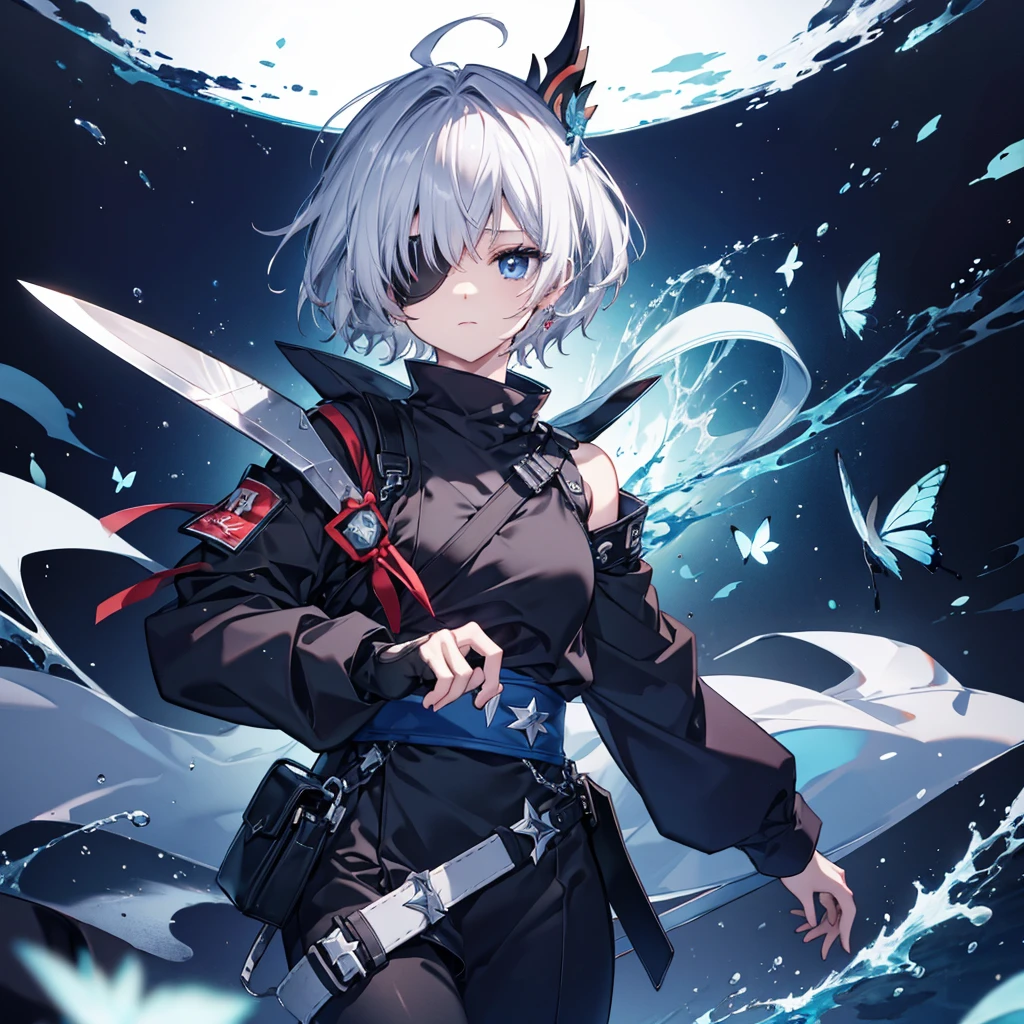 (((1 person put on an eyepatch Gray Hair Qinglong))) ((High resolution short hair shoulder Also々funny Face knifeを胸の前で構える)) ((Black Band Ninja Lonely despair blue eyes close)) ((Blue Butterfly night Japanese style old Shining Aura Floating in the air Jump Catch the wind Distorted Space)) (dance 日本knife knife Slashing) 月night moonlight star Shuriken Shining Background Shining Edges