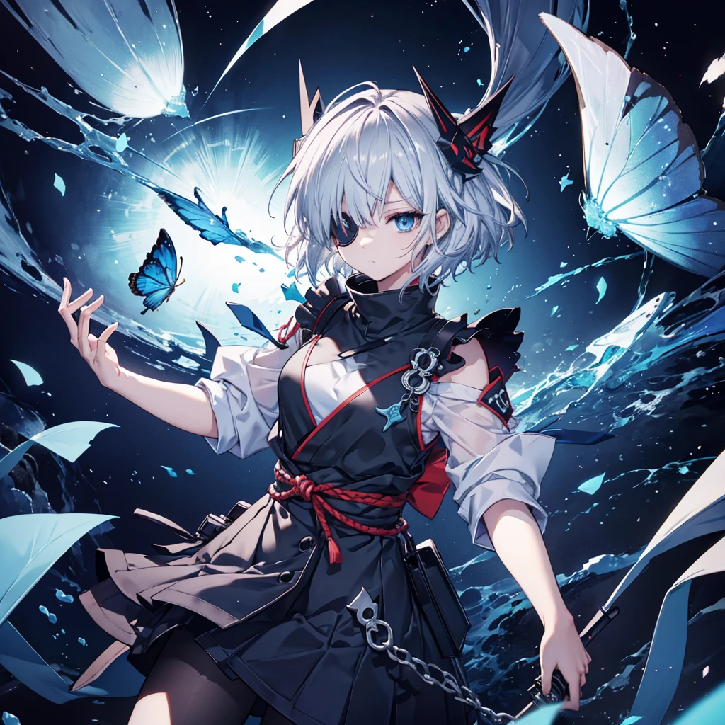 (((1 person put on an eyepatch Gray Hair Qinglong))) ((High resolution short hair shoulder Also々funny Face knifeを胸の前で構える)) ((Black Band Ninja despair blue eyes close)) ((Blue Butternight Japae style old Shining Aura Floating in the air Jump Catch the wind Distorted Space)) (dance 日本knife knife Slashing) 月night moonlight star Shuriken Shining Background Shining Edges