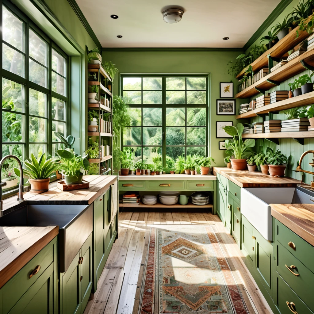 A rustic kitchen interior featuring a harmonious blend of books and plants. The design includes green and white cabinetry, wooden countertops, and a farmhouse sink surrounded by an array of potted plants. Books are interspersed among the plants on shelves and countertops. Large windows allow sunlight to flood the space, highlighting the greenery and creating a warm, inviting atmosphere with views of a lush garden outside.