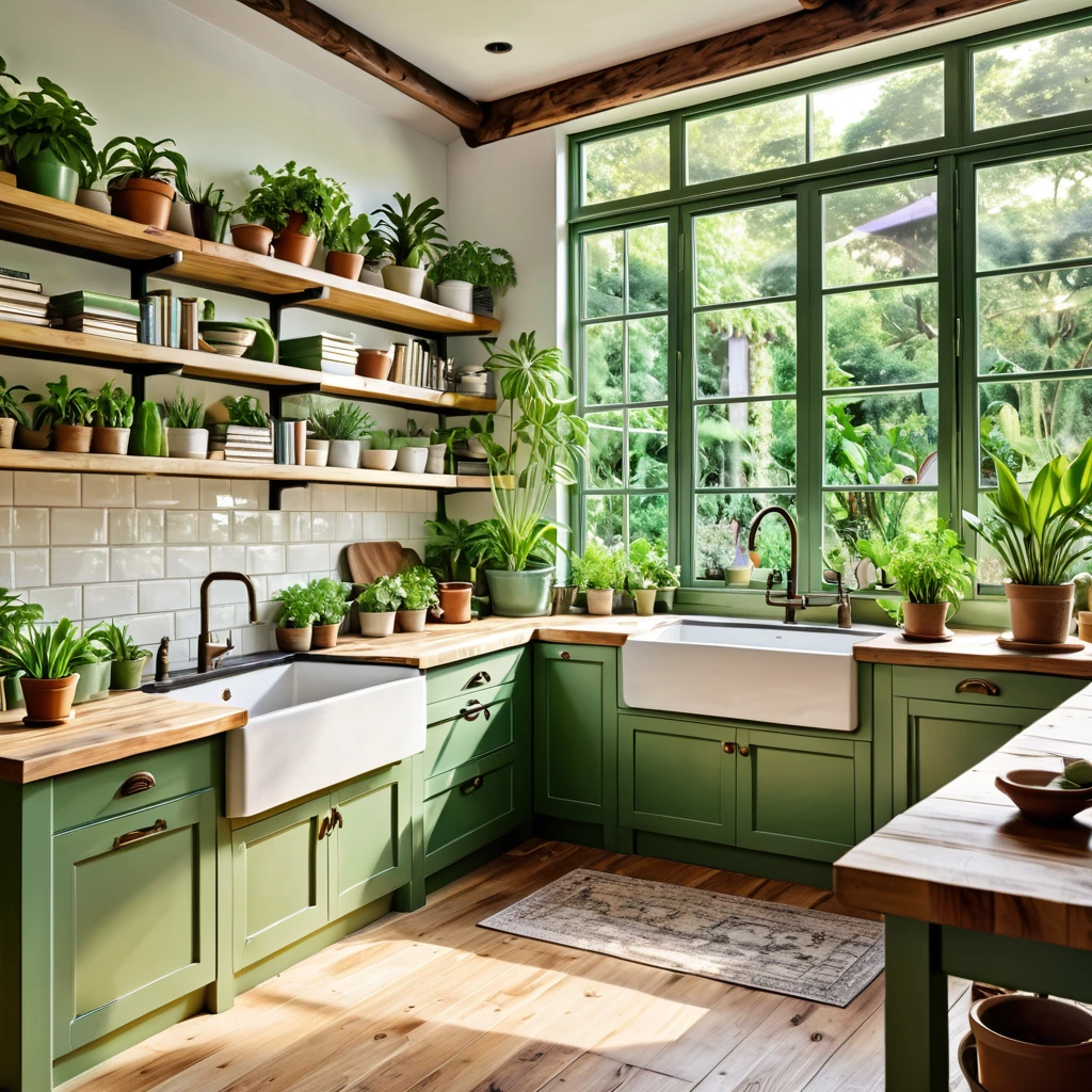 A rustic kitchen interior featuring a harmonious blend of books and plants. The design includes green and white cabinetry, wooden countertops, and a farmhouse sink surrounded by an array of potted plants. Books are interspersed among the plants on shelves and countertops. Large windows allow sunlight to flood the space, highlighting the greenery and creating a warm, inviting atmosphere with views of a lush garden outside.