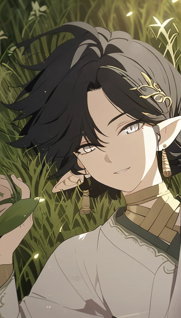 1man, elven ears, earth god, dark black hair, short fluffy hairstyle, glowing grey eyes, grass fields, Thailand, elegant thai clothes,