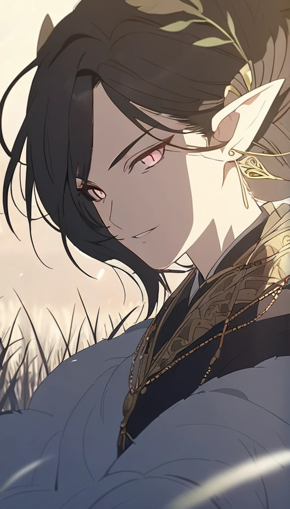 1man, elven ears, earth god, dark black hair, short fluffy hairstyle, glowing grey eyes, grass fields, Thailand, elegant thai clothes,