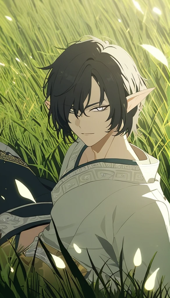 1man, elven ears, earth god, dark black hair, short fluffy hairstyle, glowing grey eyes, grass fields, Thailand, elegant thai clothes,