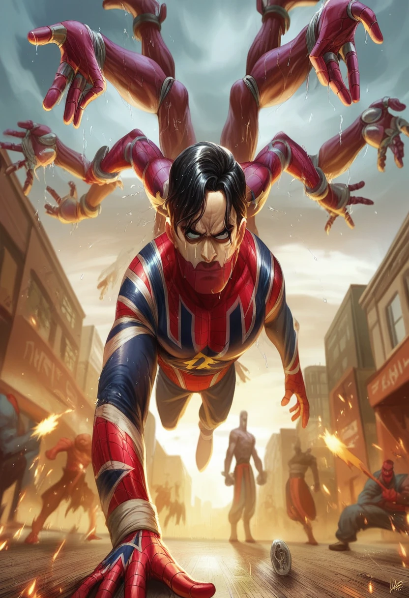 Low angle shot, visually surprising image, handsome Korean teenager, Wearing an Iron-Spiderman costume, with 8 robot spider legs on his back , flips, street martial arts, takes, wet effects, air splashes, fire sparks, Fierce battle with Thanos' legions, The ground is littered with skulls, proof of the ferocity of the battle, dynamic poses, unreal engine 5, bright colors, hyperrealistic UHD 80K