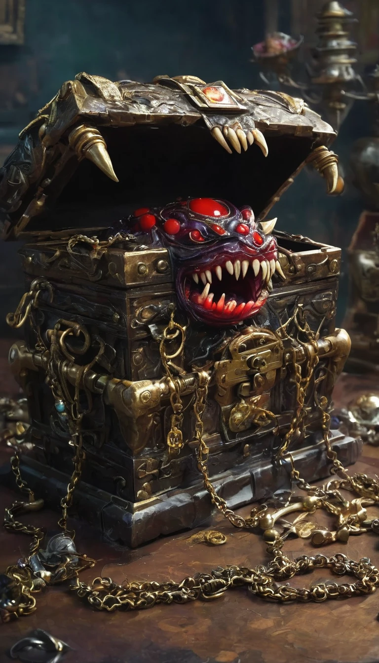 (masterpiece, best quality:1.2), dark,Fear,imitate,Suspension,Mimic,Treasure Box Monster,Weird tongue and nasty teeth. Scattered jewelry,Greedy should be open, Reveals a big,