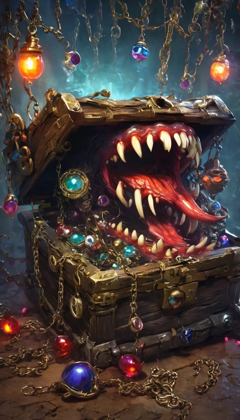 (masterpiece, best quality:1.2), dark,Fear,imitate,Suspension,Mimic,Treasure Box Monster,Weird tongue and nasty teeth. Scattered jewelry,Greedy should be open, Reveals a big,