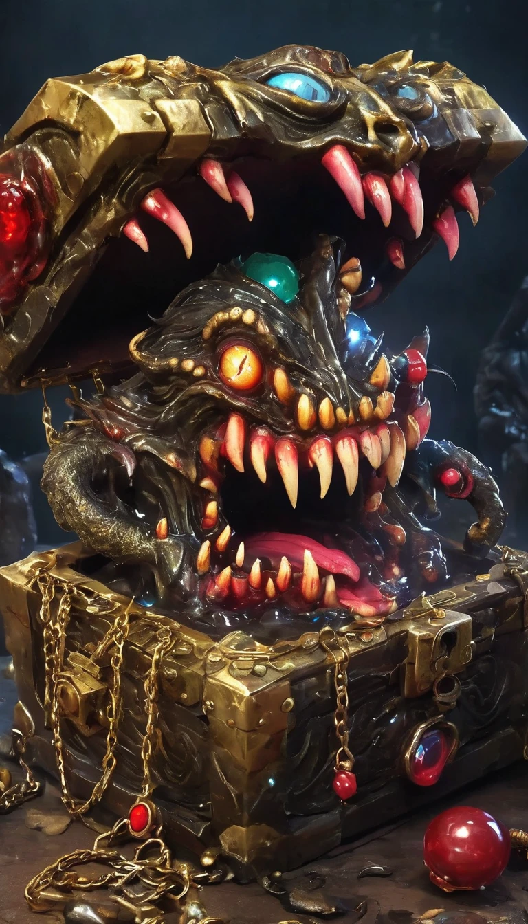 (masterpiece, best quality:1.2), dark,Fear,imitate,Suspension,Mimic,Treasure Box Monster,Weird long tongue and vicious teeth. Scattered jewelry,Greedy should be open, Reveals a big,