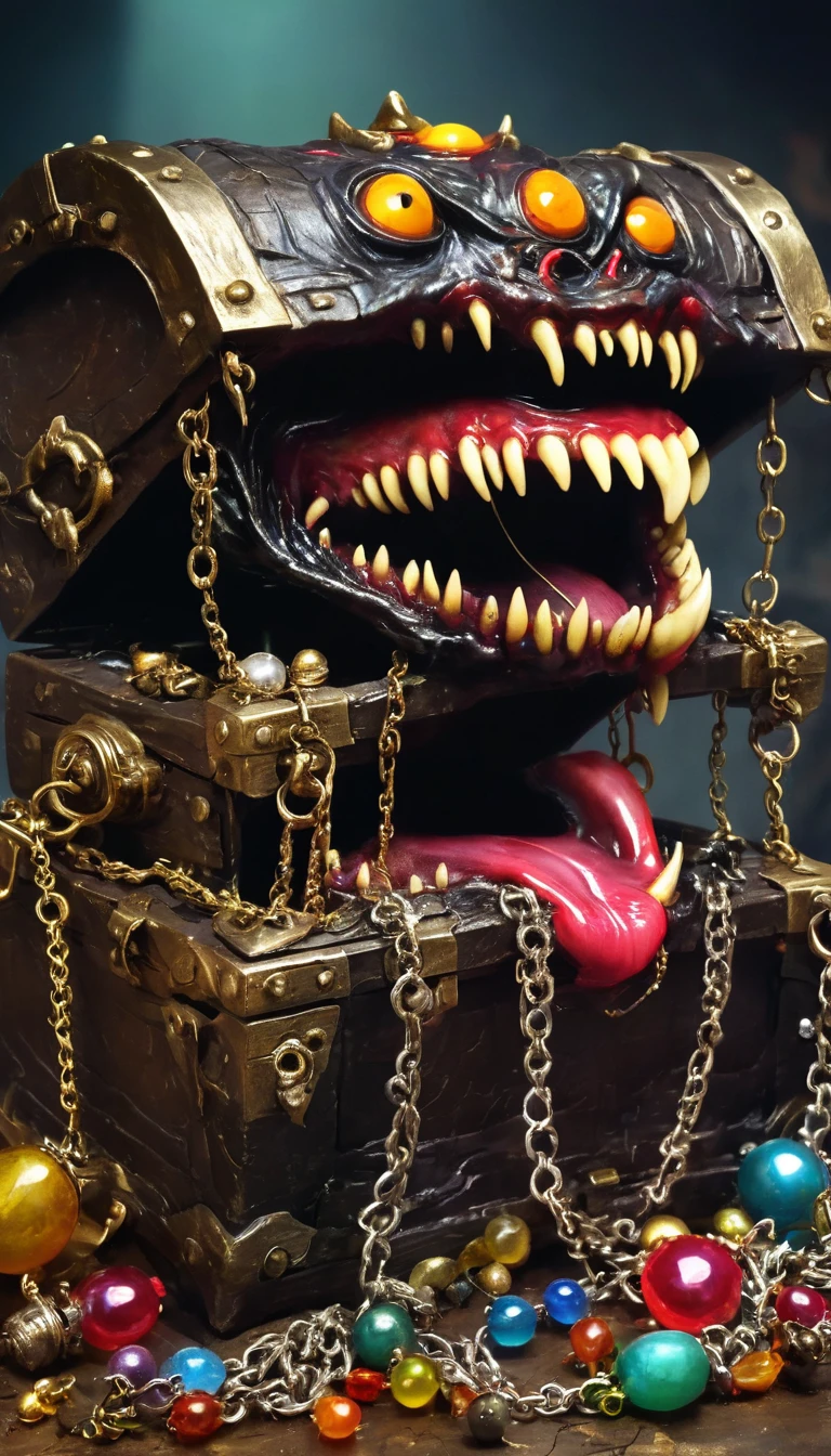 (masterpiece, best quality:1.2), dark，Fear，imitate，Suspension，Mimic，Treasure Box Monster，Weird tongue and nasty teeth. Scattered jewelry,Greedy should be open, Reveals a big, 