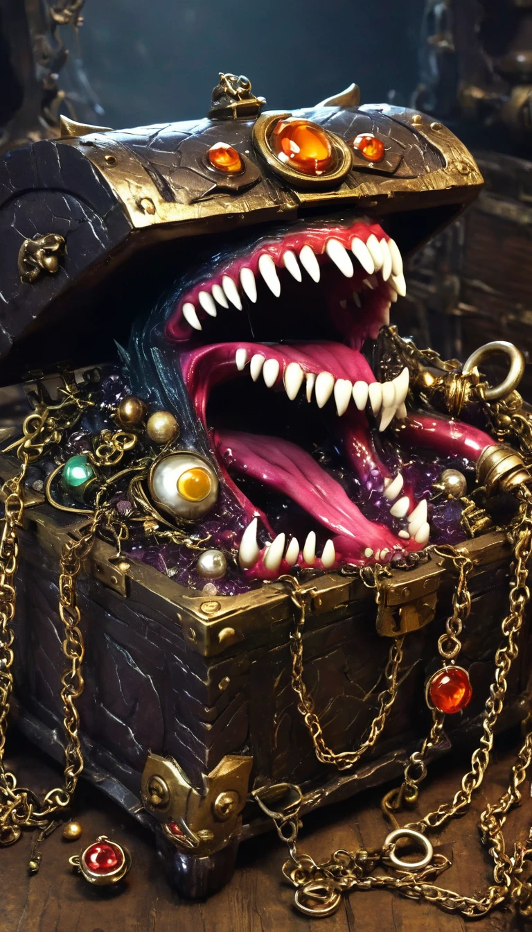 (masterpiece, best quality:1.2), dark,Fear,imitate,Suspension,Mimic,Treasure Box Monster,Weird tongue and nasty teeth. Scattered jewelry,Greedy should be open, Reveals a big,