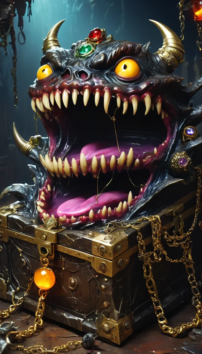 (masterpiece, best quality:1.2), dark,Fear,imitate,Suspension,Mimic,Treasure Box Monster,Weird tongue and nasty teeth. Scattered jewelry,Greedy should be open, Reveals a big,