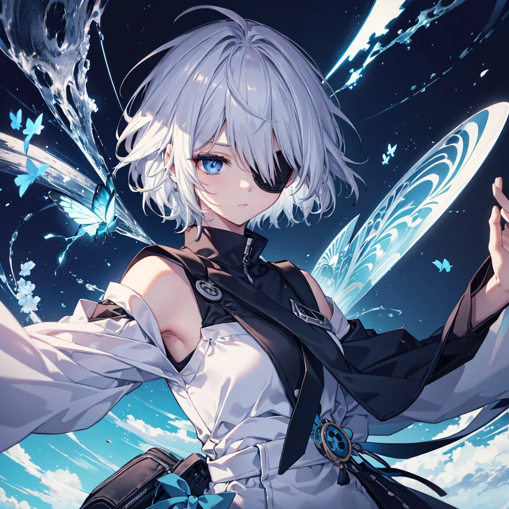 (((1 person　put on an eyepatch　Gray Hair　Qinglong)))　((High resolution　short hair　shoulder　Also々funny Face　knifeを胸の前で構える))　((Black Band　Ninja　Lonely　despair　blue eyes　close))　((Blue Butterfly　night　Japanese style　old　Shining Aura　Floating in the air　Jump　Catch the wind　Distorted Space))　(dance　日本knife　knife　Slashing)　月night　moonlight　star　Shuriken　Shining Background　Shining Edges