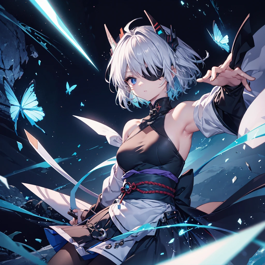 (((1 person　put on an eyepatch　Gray Hair　Qinglong)))　((High resolution　short hair　shoulder　Also々funny Face　knifeを胸の前で構える))　((Black Band　Ninja　Lonely　despair　blue eyes　close))　((Blue Butterfly　night　Japanese style　old　Shining Aura　Floating in the air　Jump　Catch the wind　Distorted Space))　(dance　日本knife　knife　Slashing)　月night　moonlight　star　Shuriken　Shining Background　Shining Edges