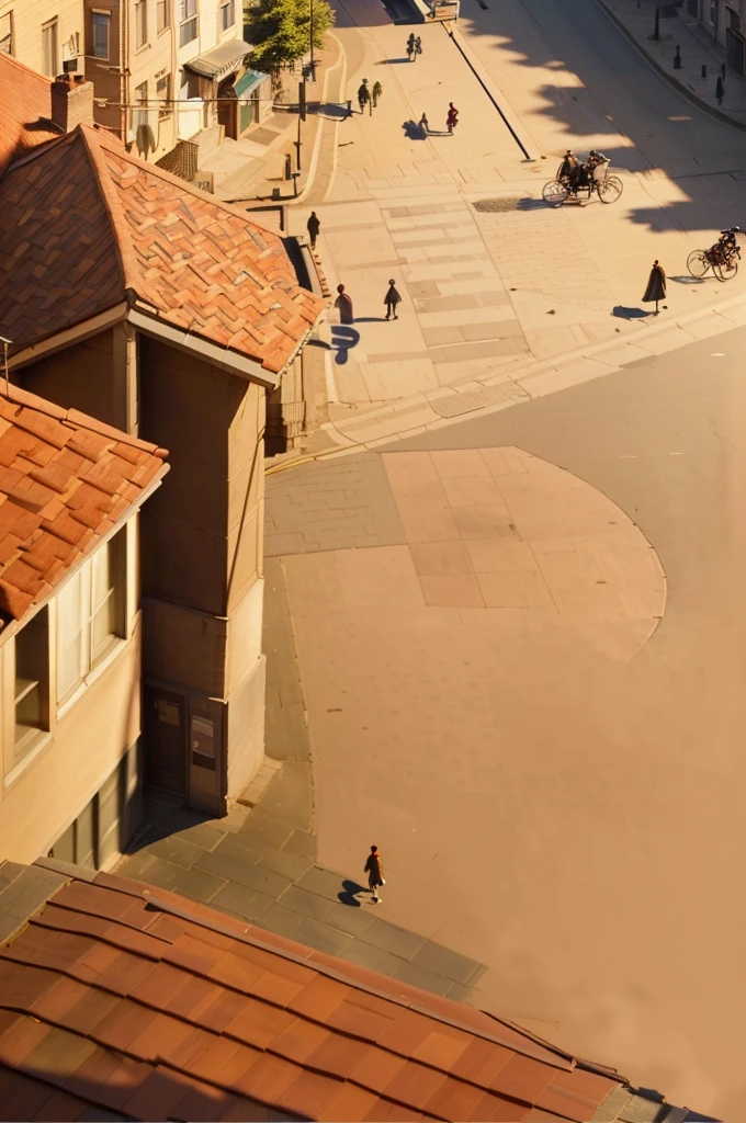 There are many people walking on the sidewalks in this town, Realistic street scenes, Low Detail. number, Details with shadows, detailed street, street top view, Ultra-detailed scenes, Detail rendering, Detailed shadows and textures, Extremely detailed scene, Street background, Establishing the shot, Real photos of the town, roof, Illustrations, Flat painting, Town Background
