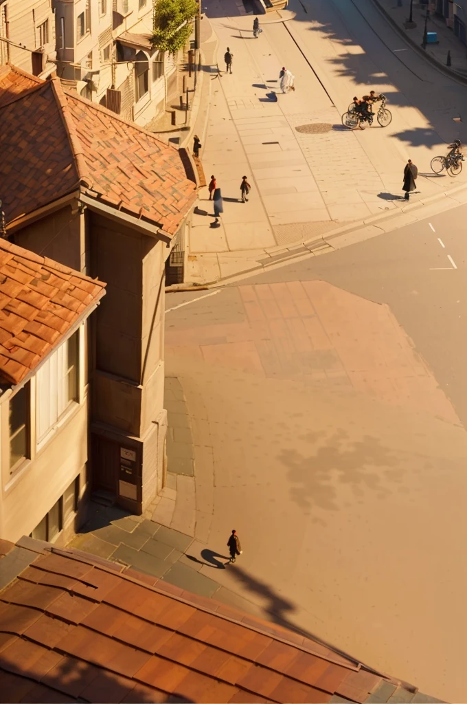 There are many people walking on the sidewalks in this town, Realistic street scenes, Low Detail. number, Details with shadows, detailed street, street top view, Ultra-detailed scenes, Detail rendering, Detailed shadows and textures, Extremely detailed scene, Street background, Establishing the shot, Real photos of the town, roof, Illustrations, Flat painting, Town Background