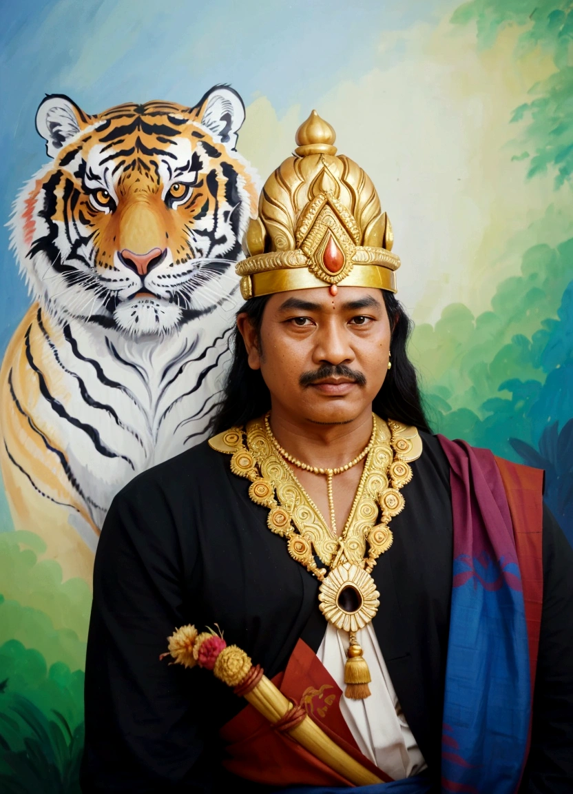 painting of a man with a tiger on his shoulder, by I Ketut Soki, inspired by Kailash Chandra Meher, raden saleh, inspired by I Ketut Sok, inspired by Bholekar Srihari, javanese mythology, inspired by Bikash Bhattacharjee, by Sava Šumanović