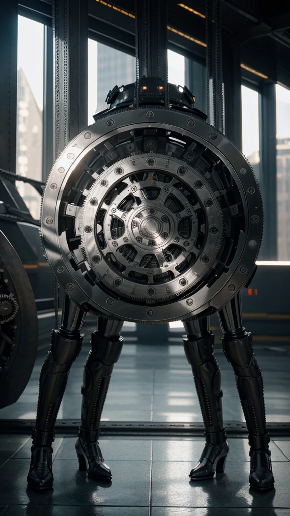 a highly detailed metal sculpture, intricate metalwork, reflective chrome surface, shiny metallic textures, industrial machinery, gears and cogs, complex mechanical design, futuristic technological aesthetics, dramatic lighting and shadows, cinematic composition, photorealistic rendering, 8k, masterpiece, ultra-detailed