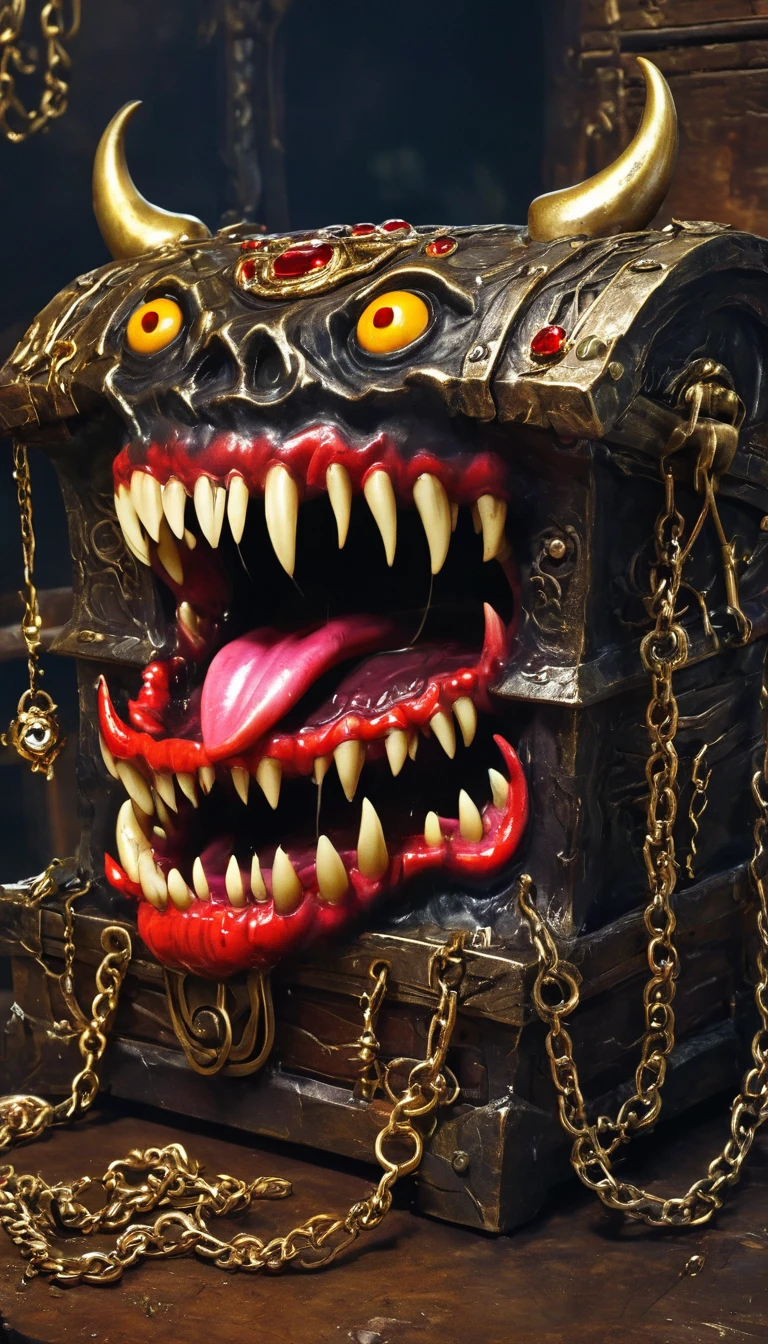(masterpiece, best quality:1.2), dark,Fear,imitate,Suspension,Mimic,Treasure Box Monster,Weird tongue and nasty teeth. Scattered jewelry,Greedy should be open, Reveals a big,