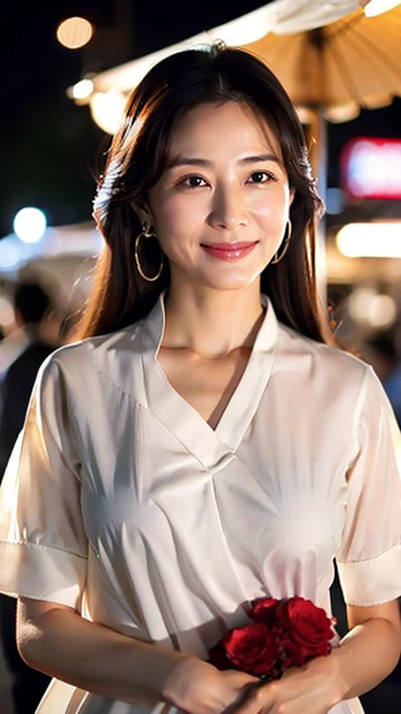 Ultra-realistic front-on portraits taken by a professional photographer。32k, 7 heads、(A short-sleeved business shirt with a wide V-neck and a very thin white fabric.:1.9)。((Highest quality)), ((masterpiece)), (detailed), (midnight ,A Tokyo food stall in the dark and pouring rain under a new moon, Low Key Lighting:1.6)、(looking at viewer, Staring Intently :1.2), A very beautiful, extremely elegant and intelligent 42 year old Japanese woman.。Very intelligent and goddess-like face。(An extremely elegant, calm and modest smile, Being drunk、My eyes are watering、I'm lustful、embarrassed ,blush, Curvy Body:1.5)、A short, well-groomed, shiny black haircut。The skin is white and very smooth。 (A very hot rainy summer night、I'm pretty sweaty、Her clothes were soaking wet, and through the extremely thin fabric her skin and navy blue, lacy, high-end underwear were clearly visible.:1.9)。(A long navy pencil skirt with a long slit in the front,The clothes fit the body very well:1.8), (The line of the chest, collarbone and décolletage are extremely beautiful.:1.9)。She is looking straight at the camera with a very shy look on her face.。Light makeup and no piercings,A simple and modest pearl necklace、Straddling a chair, spread legs、 cowboy shot