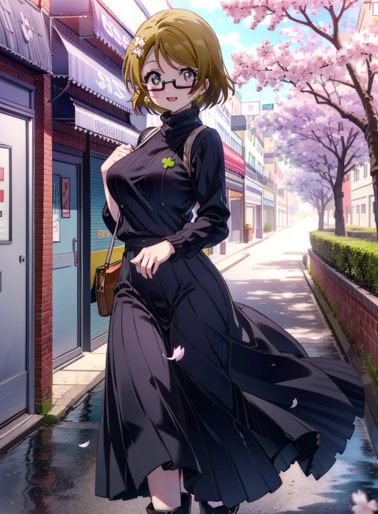 hanayo koizumi, hanayo　Koizumi, short hair, Brown Hair, Purple eyes,Big Breasts,Black-rimmed glasses,sweater,Long skirt,Mini Boots,Cherry blossoms are blooming,Cherry blossoms are scattered,Cherry blossom tree-lined path,happy smile, smile, Open your mouth,whole bodyがイラストの中に入っていくように,smile,blush,Walking,
break looking at viewer, whole body,
break outdoors,Building district,
break (masterpiece:1.2), Highest quality, High resolution, unity 8k wallpaper, (shape:0.8), (Fine and beautiful eyes:1.6), Highly detailed face, Perfect lighting, Highly detailed CG, (Perfect hands, Perfect Anatomy),