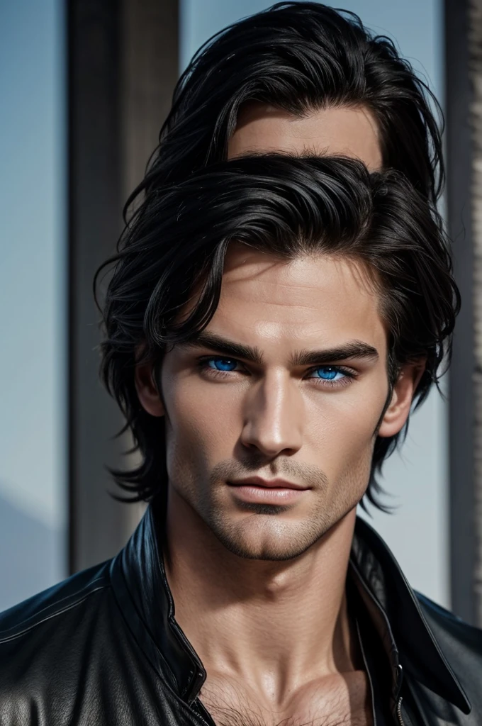 A realistic man with chest length wavy black hair, sharp jawline, defined, masculine brow bone, slender eyes, Roman nose, and somewhat plush full lips. And icey blue eyes.