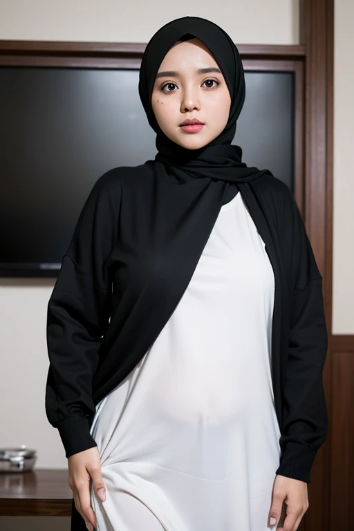 a malay girl wearing black hijab at home... wearing black cardigans with white shirt inside.. standing straight... soft stomach.. less lighting.. looking straight to camera