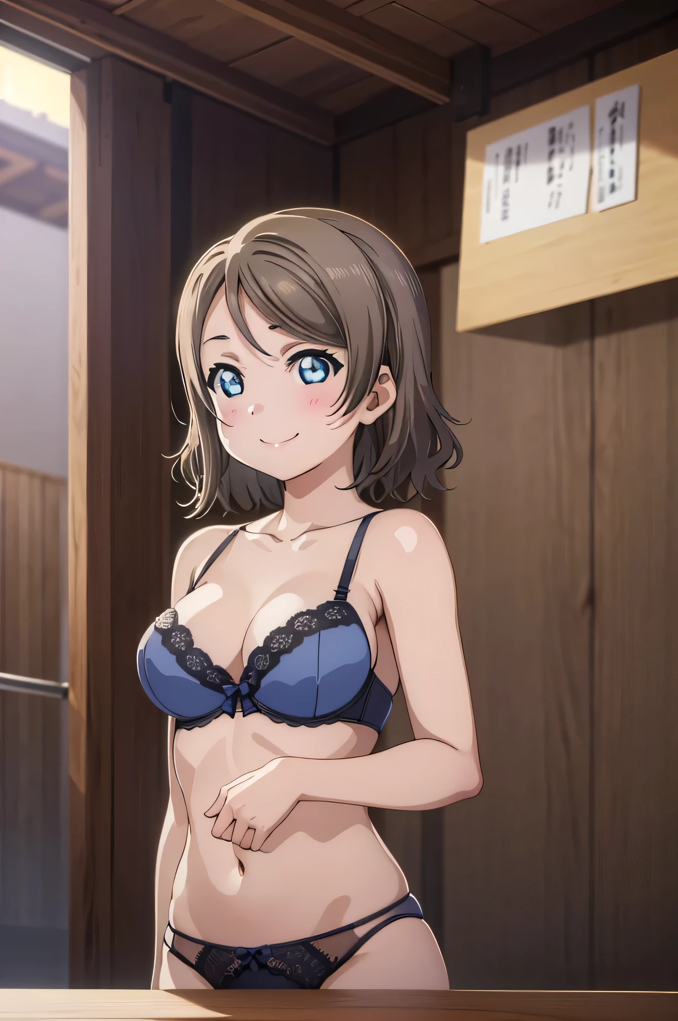 masterpiece, Highest quality, 8k wallpaper, alone, Watanabe Yo, smile , Sexy Lingerie、Underwear only, bra, Panties Big Breasts、In underwear, upper body, onsen