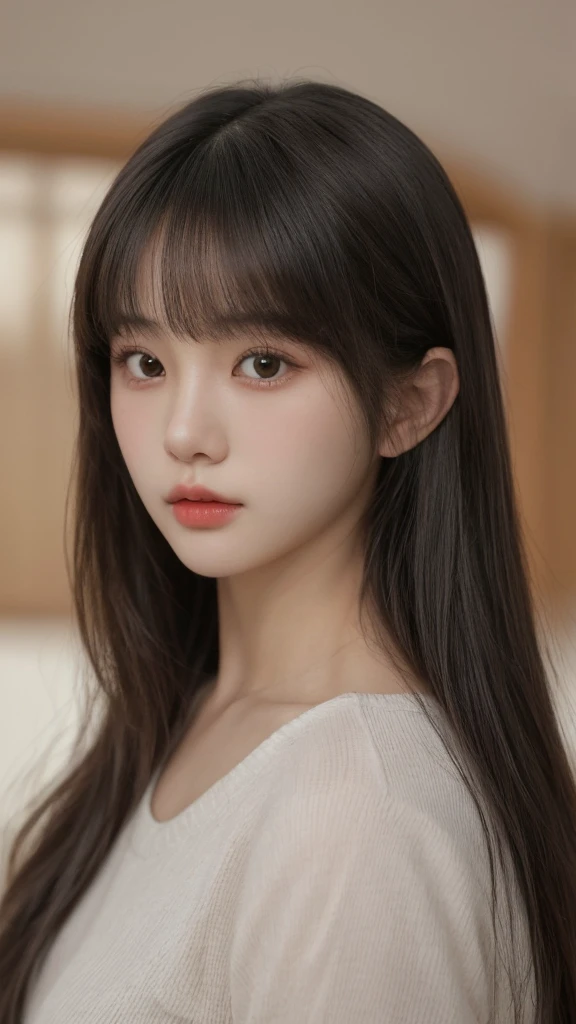 Close-up of a woman with long hair and a cigarette, Ela tem cabelo preto With bangs, Ulzzang, With bangs completa, Larisa Manovar, With bangs, Korean, cabelo arrumado With bangs, Young and pretty Asian face, cabelo comprido With bangs completa, cabelos longos With bangs, Young and adorable Korean face, Pale, round face, young asian girl
