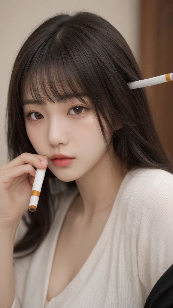 Close-up of a woman with long hair and a cigarette, Ela tem cabelo preto With bangs, Ulzzang, With bangs completa, Larisa Manovar, With bangs, Korean, cabelo arrumado With bangs, Young and pretty Asian face, cabelo comprido With bangs completa, cabelos longos With bangs, Young and adorable Korean face, Pale, round face, young asian girl
