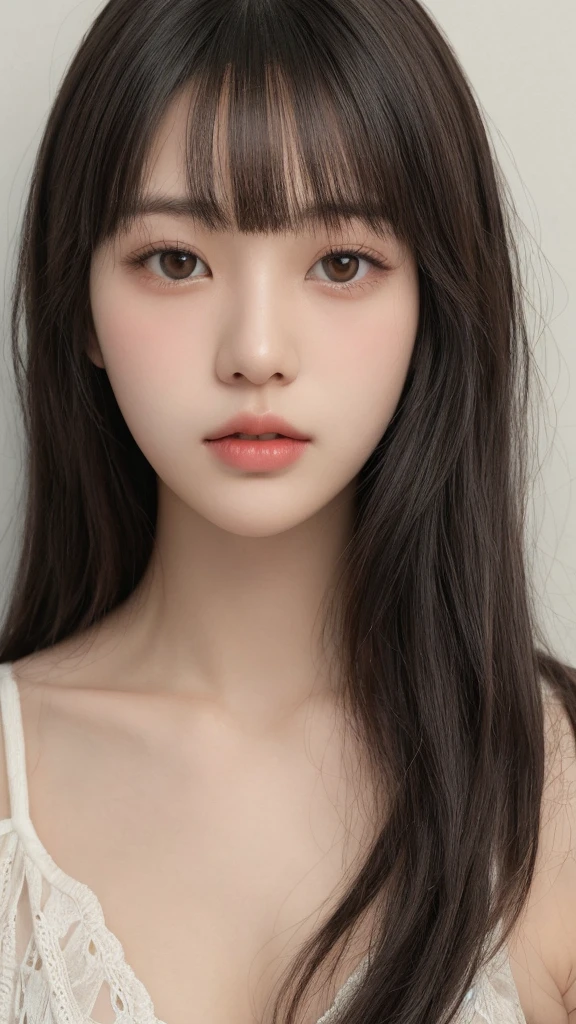 Close-up of a woman with long hair and a cigarette, Ela tem cabelo preto With bangs, Ulzzang, With bangs completa, Larisa Manovar, With bangs, Korean, cabelo arrumado With bangs, Young and pretty Asian face, cabelo comprido With bangs completa, cabelos longos With bangs, Young and adorable Korean face, Pale, round face, young asian girl