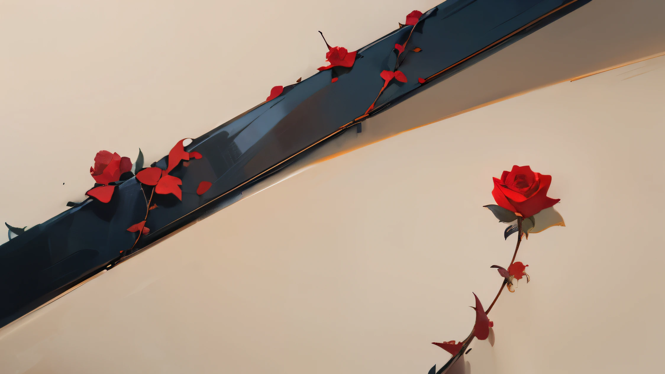 One scarlet rose with thorns and leaves on a beige background. hyperminimalism. A LOT OF EMPTY SPACE. LITTLE ROSE!!! Rose at the bottom of the image. The rest is an empty background. Add photo shoot elements: Camera, soffits, photographic film. REPLACE THE SELECTED AREA WITH CAMERA FILM