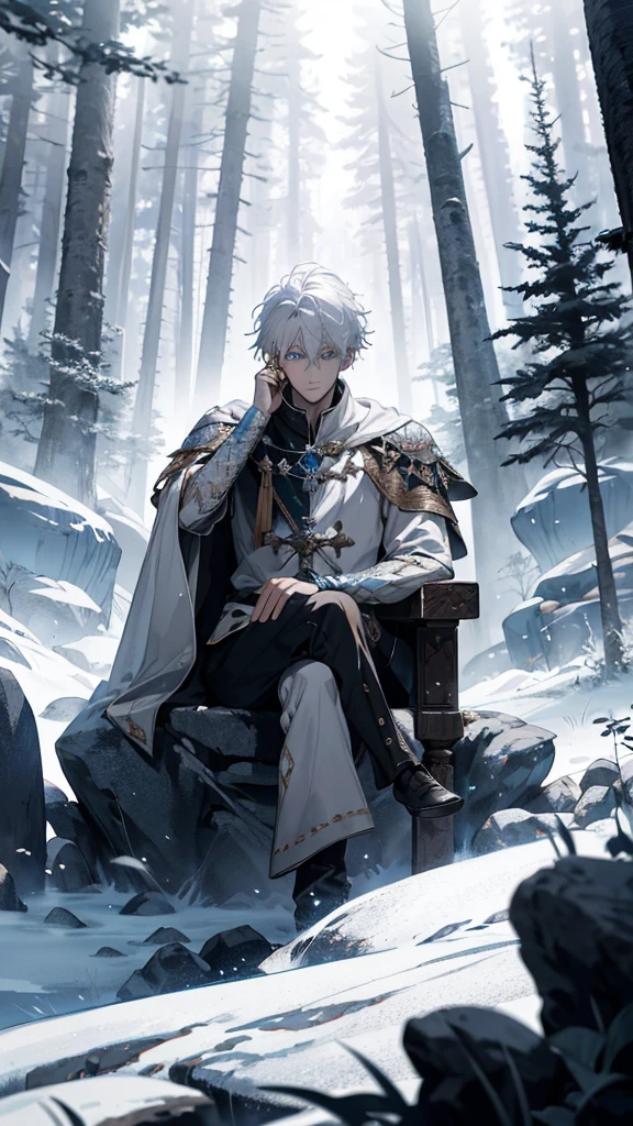 White haired, a man sits on at rock throne, ruinscape forest background, and white medieval outfit, blue eye, Masterpiece, Best Quality, Ultra-detailed, illustartion, concept art in 8K resolution, Fantasy art, epic art, concept art wallpaper 4k, Deep color, natural lighting