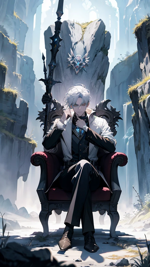 White haired, a man sits on at rock throne, ruinscape forest background, and white medieval outfit, blue eye, Masterpiece, Best Quality, Ultra-detailed, illustartion, concept art in 8K resolution, Fantasy art, epic art, concept art wallpaper 4k, Deep color, natural lighting