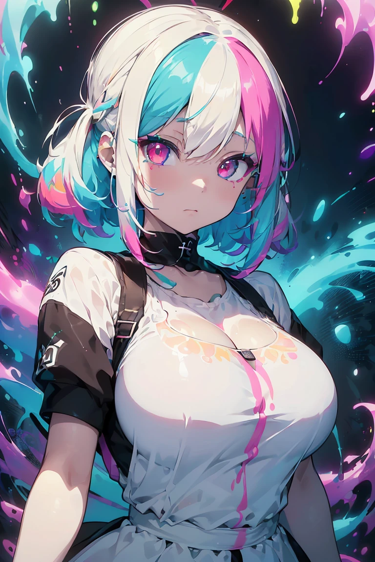 (Maid clothes), ((Double Peace)),Eyes that shine like jewels, Anime Girls, (Big Breasts:1.3),((Upward glance:1.3, Perfect Eyes , The rainbow shines、Very detailed turquoise red eyes:1.1, Gradient Eye:1, Beautiful details:1, Symmetrical eyes:1, Big Eye Highlights:1.2)), blush, (Open your mouth), anger,In a psychedelic room, (White skin: 1.5, Sunburned skin, White skin, very White skin, Bright body), Psychic Tranceのイラスト, Psychic Trance, psychedelic art style, Neon Color Theme, (((masterpiece))), (Complex), 8K, Highest quality, (Visual Strength: 1.5),

(((liquid paint hair:1.1))) ,(((Neon colored hair :1.5))), ((I drew、Defying Gravity,Strong current),(Paint splashes:1.3), (Shiny Hair: 1.3), (Bright colors), Embarrassing,Centered,Scale to fit,Three-part method, A body nicely covered in paint on a multicolored background, Colorful Themes, Splash Paint Regeneration, Beautiful light, Colorful light particles,High contrast in clothing, Color Splash, Colored walls,  Complex 詳細,  Exposure Blending, High resolution, (Graffiti art)