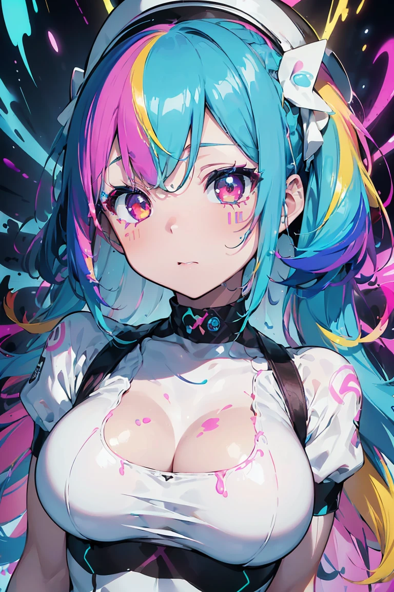 (Maid clothes), ((Double Peace)),Eyes that shine like jewels, Anime Girls, (:1.3),((Upward glance:1.3, Perfect Eyes , The rainbow shines、Very detailed turquoise red eyes:1.1, Gradient Eye:1, Beautiful details:1, Symmetrical eyes:1, Big Eye Highlights:1.2)), blush, (Open your mouth), anger,In a psychedelic room, (White skin: 1.5, Sunburned skin, White skin, very White skin, Bright body), Psychic Tranceのイラスト, Psychic Trance, psychedelic art style, Neon Color Theme, (((masterpiece))), (Complex), 8K, Highest quality, (Visual Strength: 1.5),

(((liquid paint hair:1.1))) ,(((Neon colored hair :1.5))), ((I drew、Defying Gravity,Strong current),(Paint splashes:1.3), (Shiny Hair: 1.3), (Bright colors), Embarrassing,Centered,Scale to fit,Three-part method, A body nicely covered in paint on a multicolored background, Colorful Themes, Splash Paint Regeneration, Beautiful light, Colorful light particles,High contrast in clothing, Color Splash, Colored walls,  Complex 詳細,  Exposure Blending, High resolution, (Graffiti art)