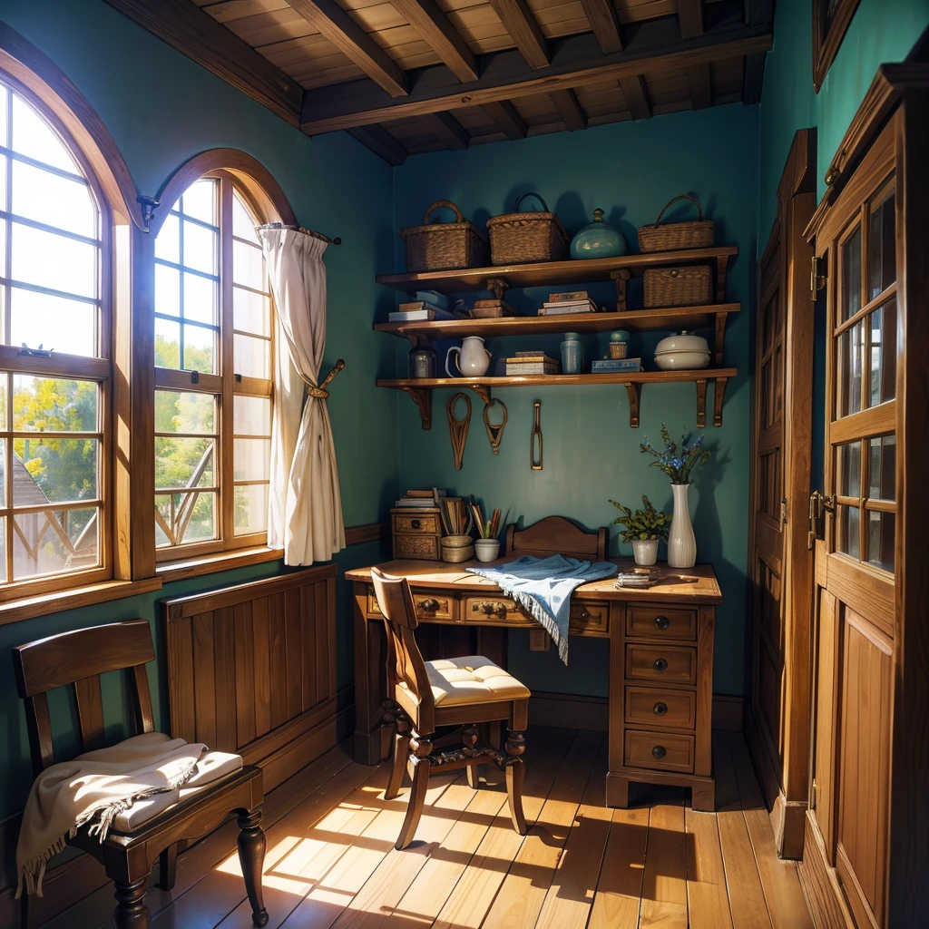 Picture an empty medieval sewing room, its wooden floors polished smooth over years of careful use. Sunlight filters through small, leaded glass windows, casting gentle beams across the room. Along the walls, shelves are neatly stacked with bolts of richly colored fabric and baskets filled with skeins of silk and linen thread. A large, sturdy oak table dominates the center of the room, surrounded by high-backed chairs with intricately carved designs. On the table, finely crafted sewing tools like needles, thimbles, and pincushions wait patiently for skilled hands to bring them to life. Capture the peaceful ambiance and potential for creativity in this medieval sewing room, where every corner whispers of craftsmanship and the timeless art of needlework."