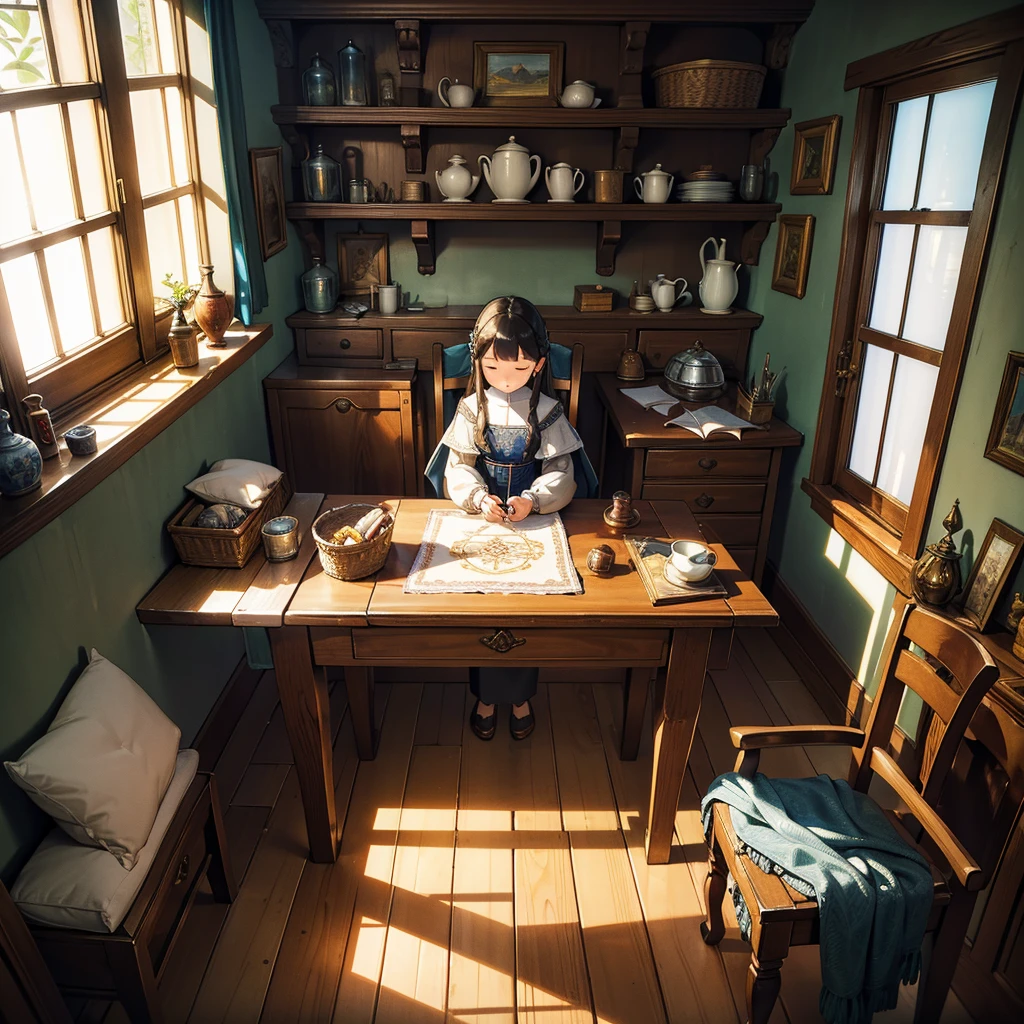 Picture an empty medieval sewing room, its wooden floors polished smooth over years of careful use. Sunlight filters through small, leaded glass windows, casting gentle beams across the room. Along the walls, shelves are neatly stacked with bolts of richly colored fabric and baskets filled with skeins of silk and linen thread. A large, sturdy oak table dominates the center of the room, surrounded by high-backed chairs with intricately carved designs. On the table, finely crafted sewing tools like needles, thimbles, and pincushions wait patiently for skilled hands to bring them to life. Capture the peaceful ambiance and potential for creativity in this medieval sewing room, where every corner whispers of craftsmanship and the timeless art of needlework."