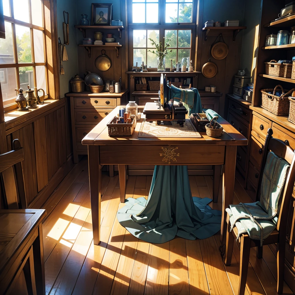 Picture an empty medieval sewing room, its wooden floors polished smooth over years of careful use. Sunlight filters through small, leaded glass windows, casting gentle beams across the room. Along the walls, shelves are neatly stacked with bolts of richly colored fabric and baskets filled with skeins of silk and linen thread. A large, sturdy oak table dominates the center of the room, surrounded by high-backed chairs with intricately carved designs. On the table, finely crafted sewing tools like needles, thimbles, and pincushions wait patiently for skilled hands to bring them to life. Capture the peaceful ambiance and potential for creativity in this medieval sewing room, where every corner whispers of craftsmanship and the timeless art of needlework."