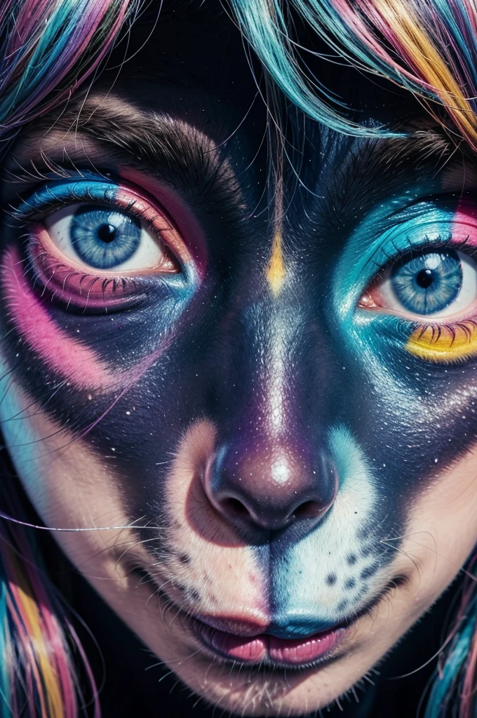 a close-up of a dog with a colorful face on a blue background, straight straight style, in style of lisa frank, by Lisa Frank, inspired by Lisa Frank, bright colors highly detailed, psychedelic art style, retrato de Lisa Frank, in a lisa frank art style, trends in pixart”, ultraviolet and neon colors, vibrant and mind-blowing colors, extremely colorful
