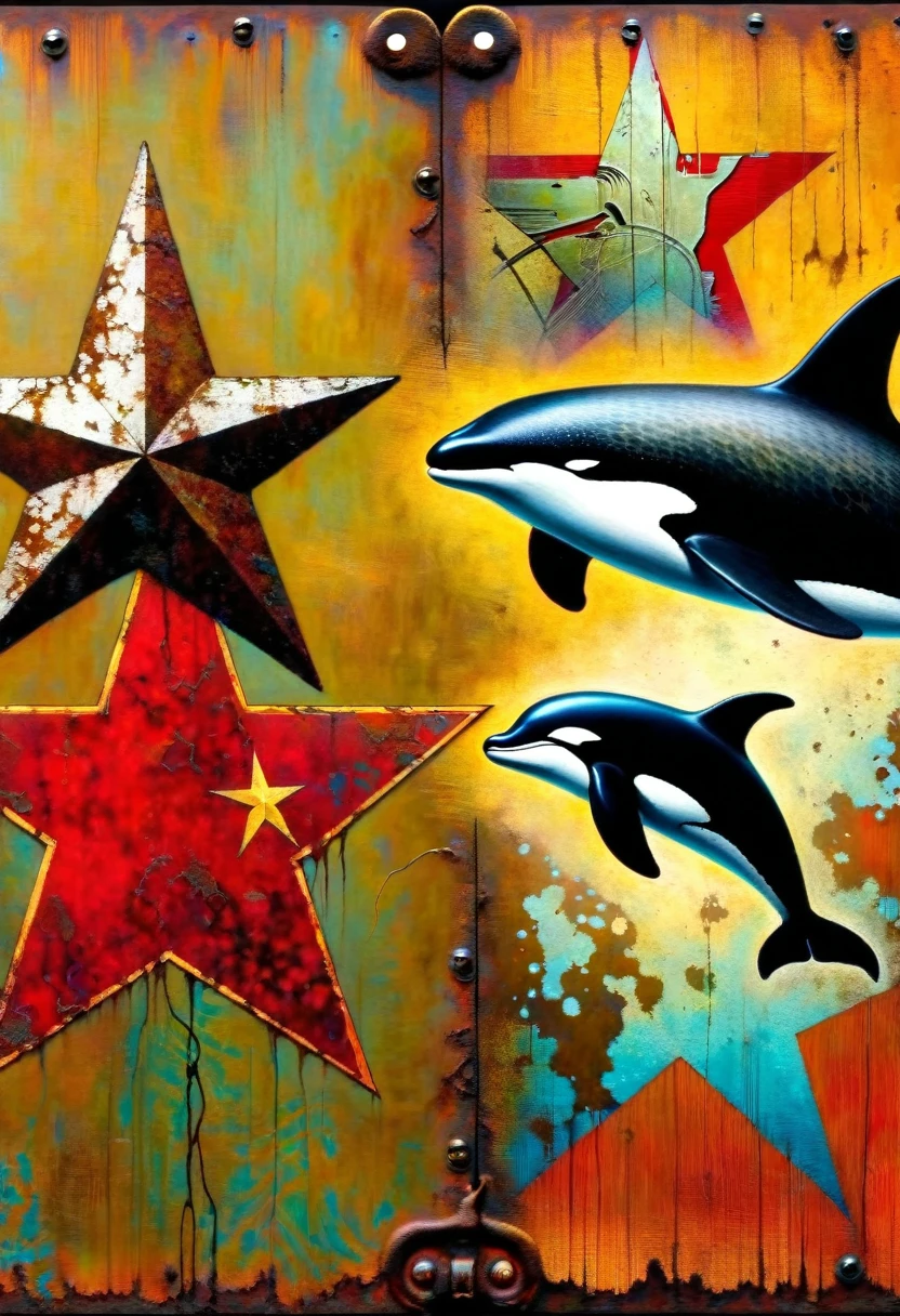 simple decorative rusty metal sign with a drawing of an 1killer whale and a 1communist star, artwork inspired by Dave McKean, vivid colors, intricate details, oil painting.