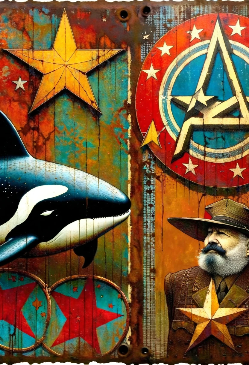 simple decorative rusty metal sign with a drawing of an 1killer whale and a 1communist star, artwork inspired by Dave McKean, vivid colors, intricate details, oil painting.