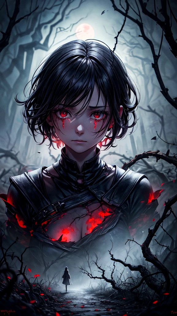 (best quality,high resolution,Super detailed,lifelike:1.2),dark abyss background,underground world,sinister,girl in rags,crying emoticon,shed tears,Black short hair, boyish hair ,face close-up,Extremely pale skin,lifeless skin,holding bright red flowers,apocalyptic,ruined medieval town,building collapse,Cracked surface,ominous clouds,blood moon,The ground cracks,dead tree,Overgrown vines,Behind me are huge blue glowing vines,Spooky shadows,eerie silence,The wind howling in the distance,ominous atmosphere,deserted street,falling petals,unforgettably beautiful,Loneliness is in the air,Lost souls wander,Weaving a web of despair,Darkness prevails,Embrace the unknown.