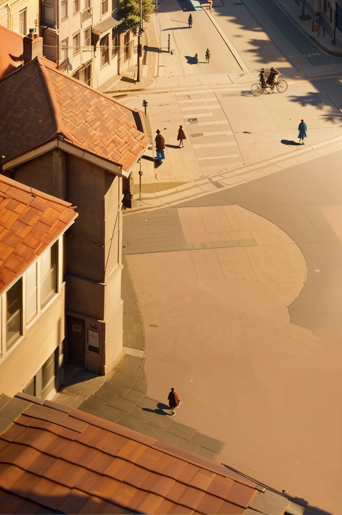 There are many people walking on the sidewalks in this town, Realistic street scenes, Low Detail. number, Details with shadows, detailed street, street top view, Ultra-detailed scenes, Detail rendering, Detailed shadows and textures, Extremely detailed scene, Street background, Establishing the shot, Real photos of the town, roof, Illustrations, Flat painting, Town Background