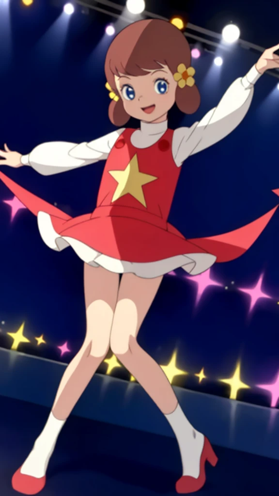masterpiece, best quality, solo, 1girl,
chappy,Laughing with mouth open、
Dance on live stage、In the spotlight、Raise your legs、A dynamic figure、パンティが見える、