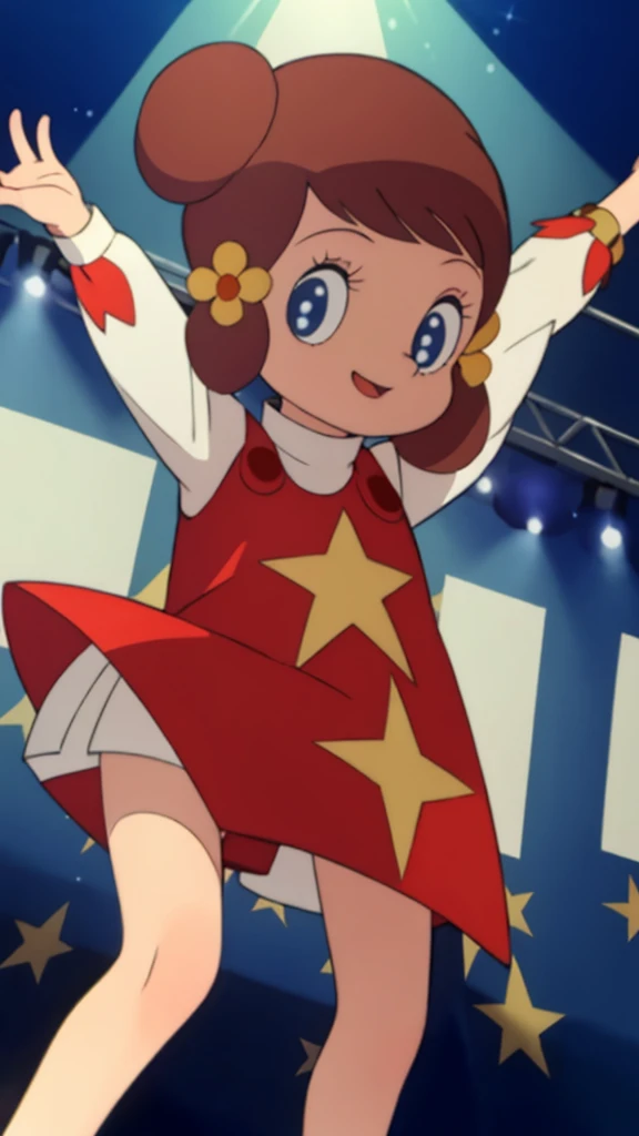 masterpiece, best quality, solo, 1girl,
chappy,Laughing with mouth open、
Dance on live stage、In the spotlight、Raise your legs、A dynamic figure、パンティが見える、